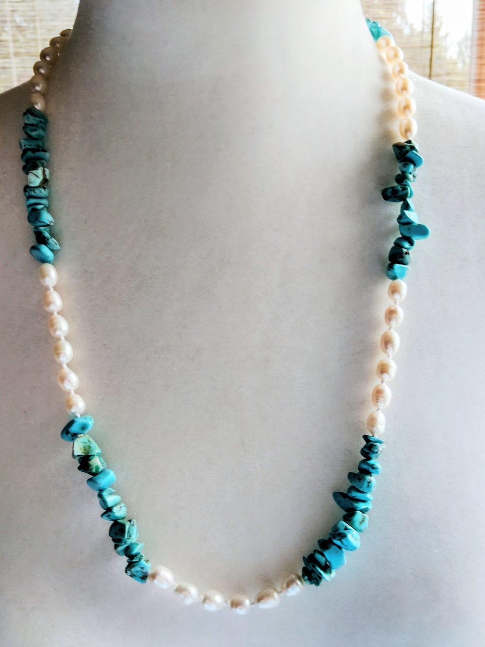 Genuine Turquoise Chip and Freshwater Cultured Pearl Necklace